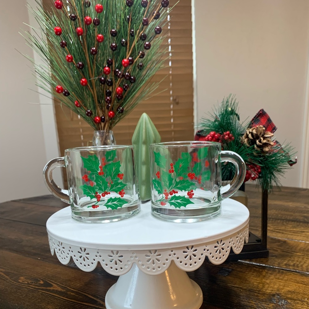 Vintage Indiana Glass Holly Holiday Mugs - Discontinued - Set of 2